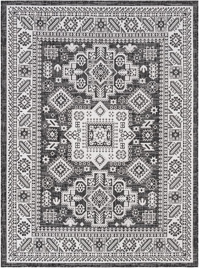 Unique Loom Outdoor Aztec Collection Area Rug - Chalca (5' 3" x 7' 1" Rectangle Charcoal Gray/Ivory)