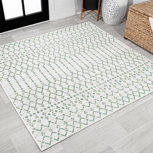 JONATHAN Y Moroccan Geometric Indoor Outdoor Square Area Rug 5X5 Green/Ivory, Ourika Textured Weave for Backyard, Patio, Porch, Easy-Cleaning, High Traffic, Pet-Friendly, Non-Shedding (SMB108R-5SQ)