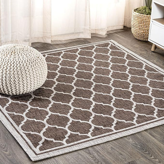 JONATHAN Y Moroccan Trellis Indoor Outdoor Square Area Rug 5X5 Espresso/Taupe, Trebol Textured Weave for Backyard, Patio, Porch, Easy-Cleaning, High Traffic, Pet-Friendly, Non-Shedding (SMB109B-5SQ)