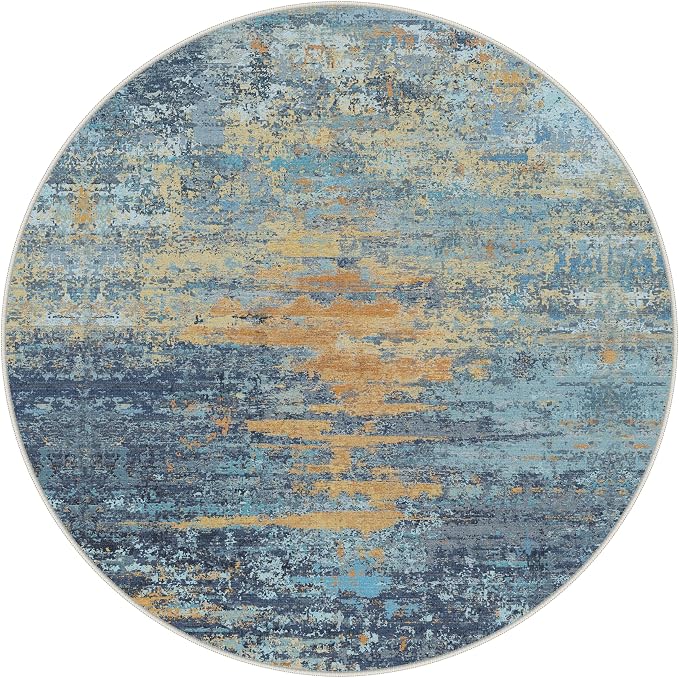 BEIMO 5FT Washable Round Rug for Living Room, Wave Abstract Blue Orange | 5' Soft Machine Washable Modern Circle Rug,Streaks Pattern Non Slip Indoor Carpet for Dining Room Playroom Bedroom Office