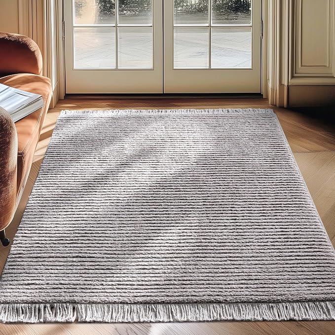Well Woven Allie Grey Stripes Geometric Area Rug 4x6 (3'11" x 5'3") - Soft High-Low Texture for Living Room, Bedroom & Office