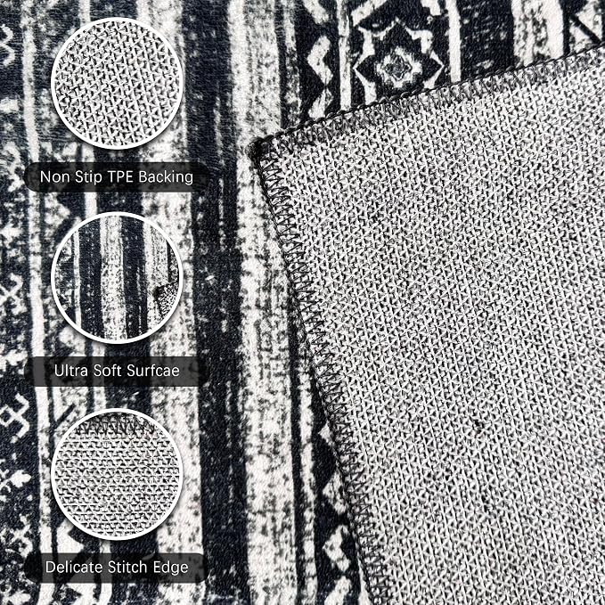 Washable Area Rugs 3' x 5 ' - 1/6 Thick - Moroccan-Inspired -Stain & Water Resistant Non-Slip - Resistant Rug for Living Room, Bedroom, Nursery, Pet & Child Friendly (Black)