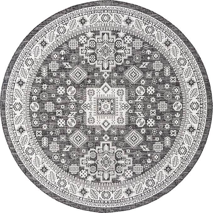 Unique Loom Outdoor Aztec Collection Area Rug - Chalca (10' Round, Charcoal Gray/ Ivory)