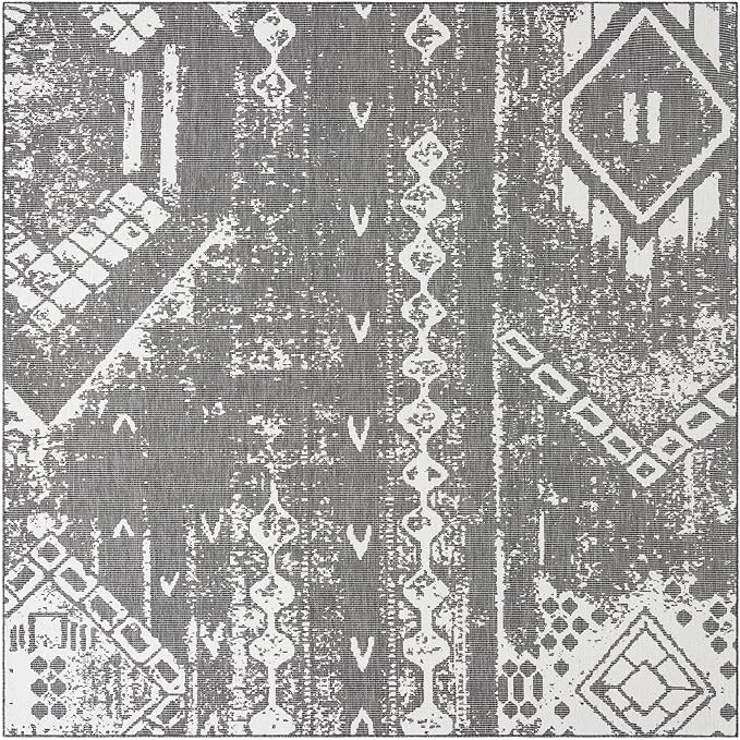Unique Loom Outdoor Bohemian Collection Area Rug - Anthro (10' 8" Square, Charcoal Gray/ Ivory)