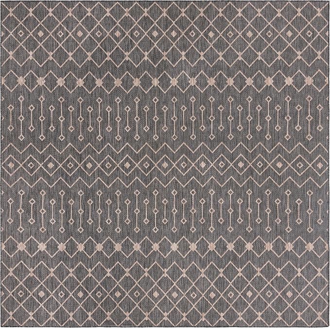 Unique Loom Outdoor Trellis Collection Area Rug - Tribal Trellis (10' 8" Square, Charcoal Gray/ Natural)