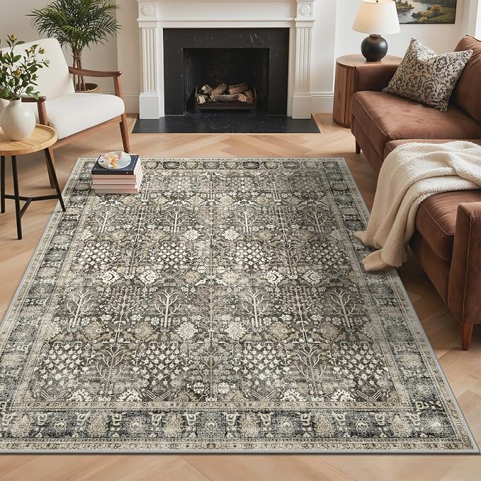 3x5 Area Rug for Living Room, Washable Low Pile, Beige Brown | Vintage Distressed Design, Spill Resistant Lightweight Non-Shedding Carpet for Bedroom, Dining Room, Office