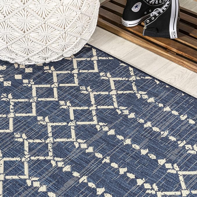 JONATHAN Y Moroccan Geometric Indoor Outdoor Square Area Rug 6X6 Navy/Beige, Ourika Textured Weave for Backyard, Patio, Porch, Easy-Cleaning, High Traffic, Pet-Friendly, Non-Shedding (SMB108K-6SQ)