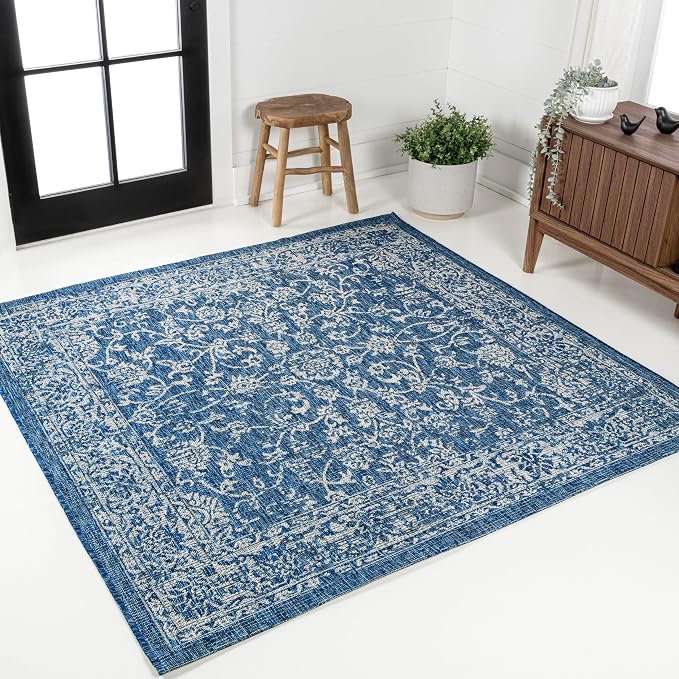 JONATHAN Y Weave Floral Indoor Outdoor Square Area Rug 3X3 Navy/Gray, Tela Bohemian Textured for Backyard, Patio, Porch, Easy-Cleaning, High Traffic, Pet-Friendly, Non-Shedding (SMB100B-3SQ)