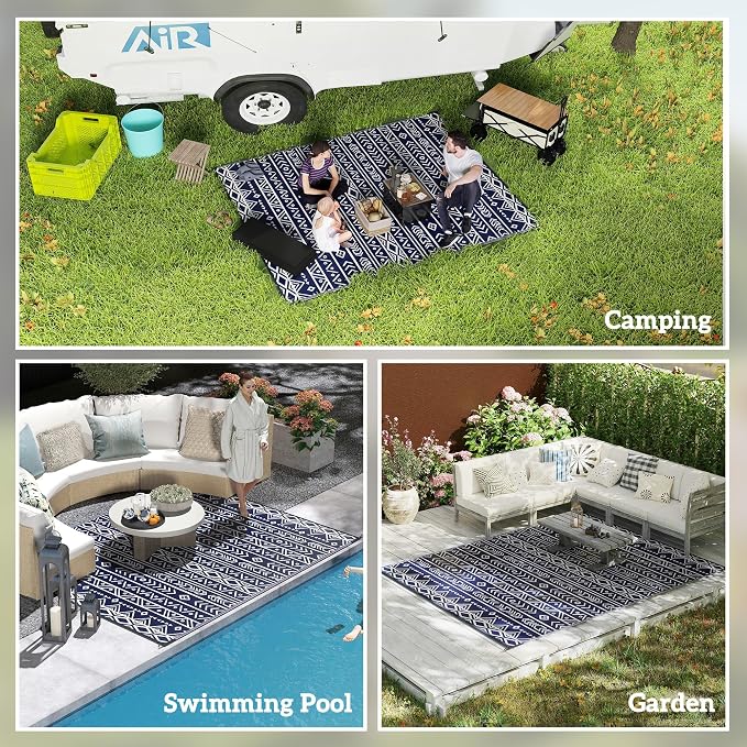Outsunny Outdoor Rug for Patio, 8' x 10' Waterproof Large Mat, Reversible Plastic Straw Rug for Decor, Portable Outside RV Camping Area Carpet Mat for Backyard Porch Deck Picnic, Blue White Geometric