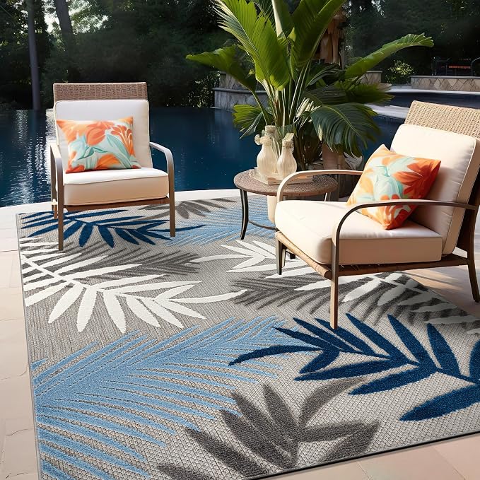 Rugshop Blue Palm Frond Indoor/Outdoor Area Rug Easy Cleaning for Patio, Deck and Balcony, 4' x 6'
