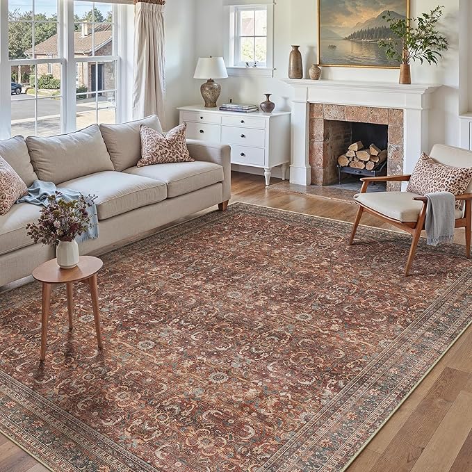 9x12 Brick Red Vintage Distressed Washable Area Rug for Living Room | Low Pile, Non Slip, Retro Style, Soft Distressed Large Area Rug for Living Room, Bedroom, Dining Room, Office, Home Decor