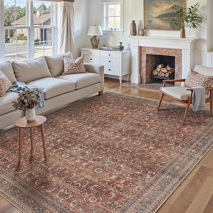 6x9 Brick Red Vintage Distressed Washable Area Rug for Living Room | Low Pile, Non Slip, Retro Style, Soft Distressed Indoor Rug for Living Room, Bedroom, Dining Room, Office, Home Decor