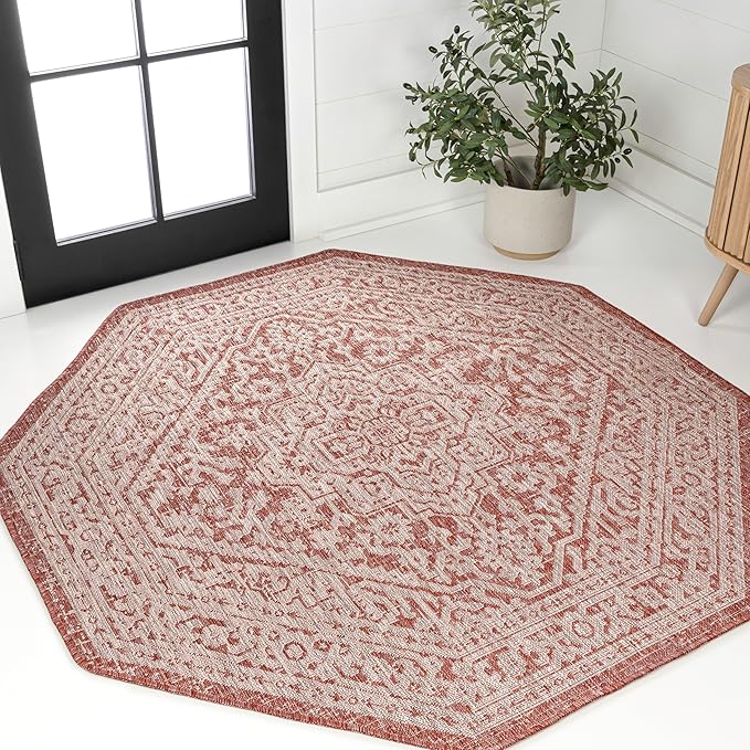 JONATHAN Y Medallion Weave Indoor Outdoor Octagon Area Rug 5 Ft Red/Taupe, Sinjuri Textured for Backyard, Patio, Porch, Easy-Cleaning, High Traffic, Pet-Friendly, Non-Shedding (SMB101A-5TGN)