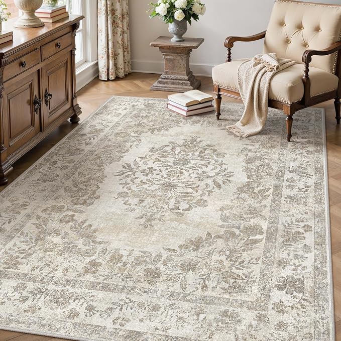 4x6 Washable Area Rug Bedroom Cream Beige Vintage Small Carpet | Soft Low Pile, Non Slip, Stain Resistant, Floral Medallion, Neutral Retro Decor for Living Room, Bathroom, Kids Room, Office