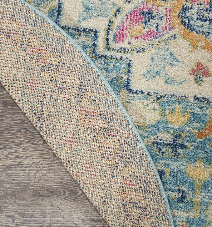 Nourison Home Passion Ivory Light Blue 5' x Round Area Rug - Easy Clean, Non Shedding, Bed Room, Living Room, Dining Room, Kitchen (5' x Round)