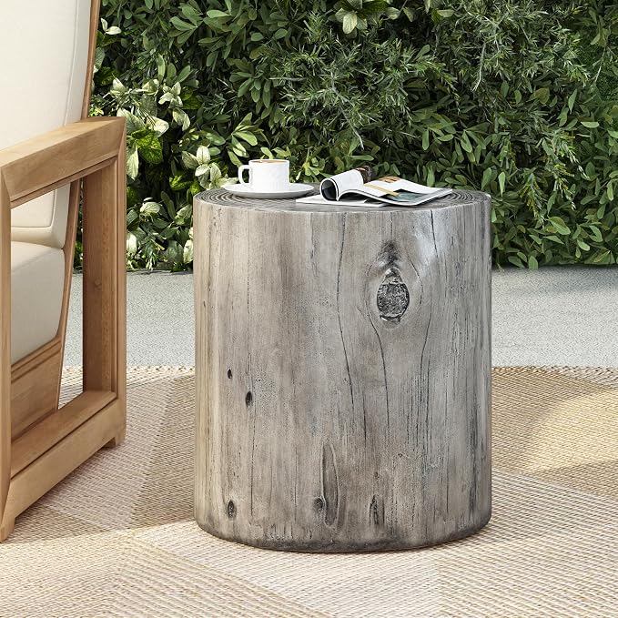 Christopher Knight Home Pawn 17" H MGO Outdoor Side Table with Tree-Stump Design, Patio Decorative Wood-Like Texture End Table, Round Top Lightweight Concrete Garden Stool, No Assembly, Gray