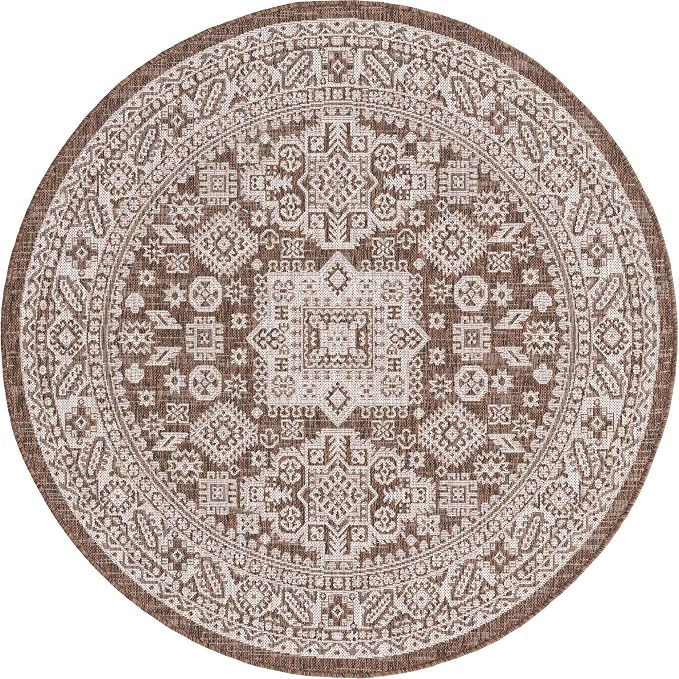 Unique Loom Outdoor Aztec Collection Area Rug - Chalca (5' 3" Round, Brown/ Ivory)
