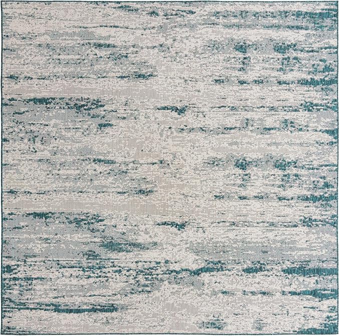 Unique Loom Outdoor Modern Collection Area Rug - Cartago (10' Square, Teal/ Ivory)