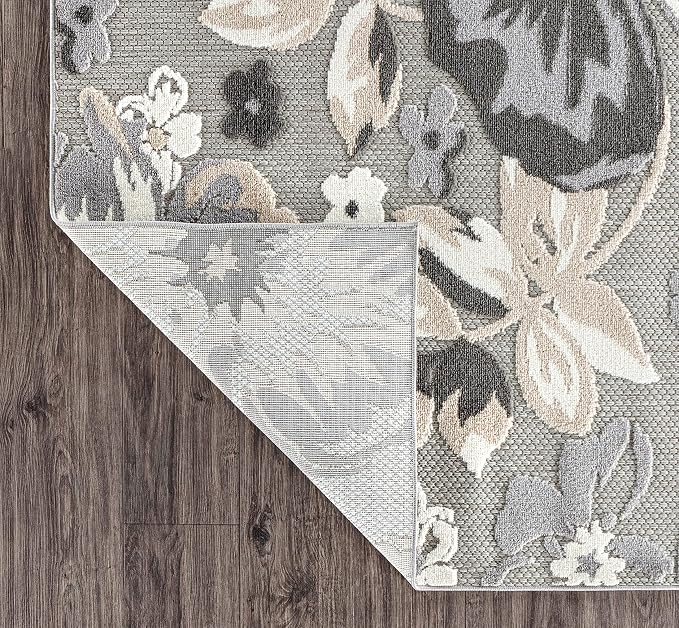 Rugshop Bergamo Contemporary Floral Non-Shedding Easy Cleaning Patio Deck Backyard Indoor/Outdoor Runner Rug 2' x 7' Gray