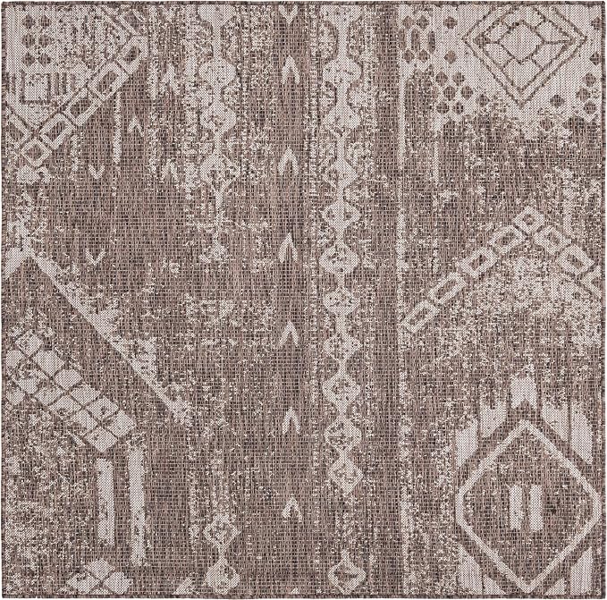 Unique Loom Outdoor Bohemian Collection Area Rug - Anthro (5' 3" Square, Brown/ Ivory)