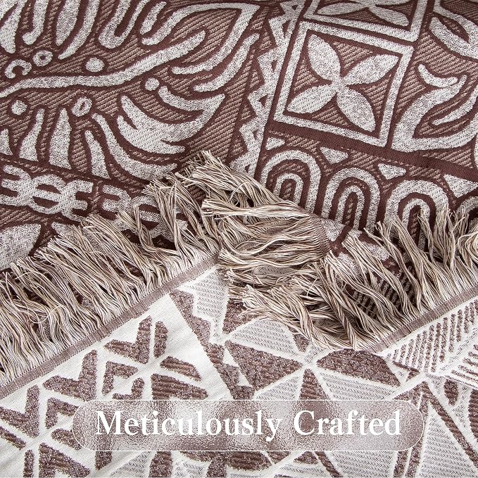 Phuryllic Boho Throw Blanket Full Size, Extra Large Soft Cozy Cotton Muslin Quilt Blanket for Bed Decor, Patchwork Block Couch Sofa Chair Cover, Vintage Farmhouse Cottage Woven Blanket, Brown&White