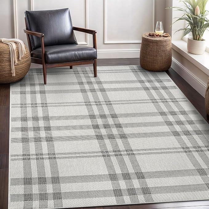 CAMILSON Easy Jute Rug 8x10, Indoor Outdoor Off-White Color Fiber Area Rugs for Entry, Living Room and Bedroom Rug, Checkred Boho Woven Design, Easy-Cleaning, Washable Outside Carpet (8 x 10)
