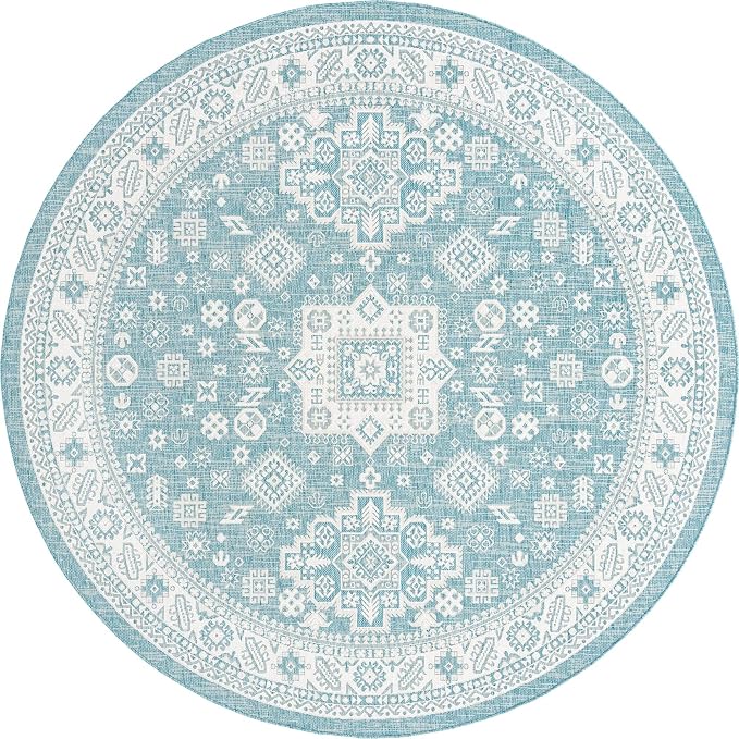 Unique Loom Outdoor Aztec Collection Area Rug - Chalca (10' Round, Aqua/ Ivory)