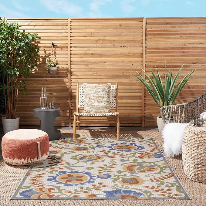 Nourison Home Aloha Ivory Blue 3'6" x 5'6" Area Rug - Easy Clean, Non Shedding, Bed Room, Living Room, Dining Room, Kitchen (4' x 6')