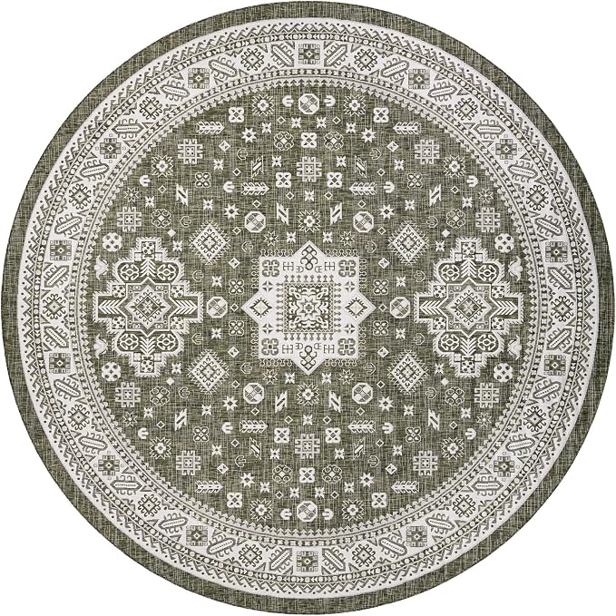 Unique Loom Outdoor Aztec Collection Area Rug - Chalca (13' Round Green/Ivory)