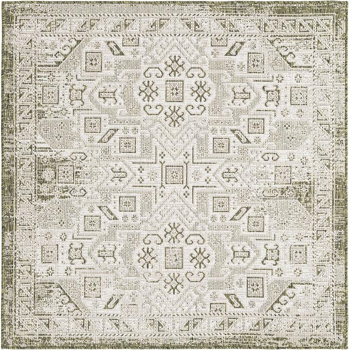 Unique Loom Outdoor Aztec Collection Area Rug - Coba (5' 3" Square, Green/ Ivory)