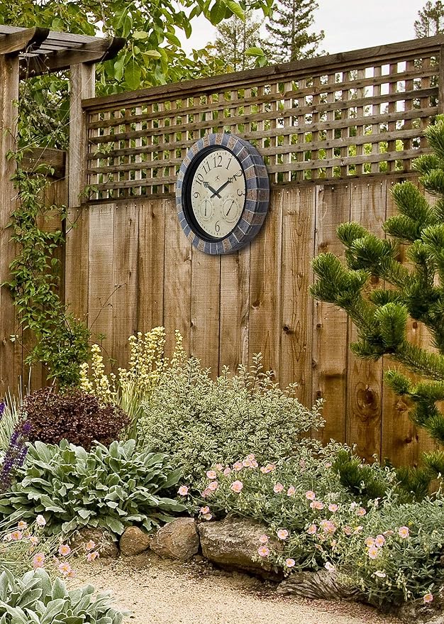 Infinity Instruments Inca II 18 inch Outdoor Clock Thermometer Combo Patio Waterproof Large Wall Weather Station Weatherproof Designer Faux Stone Mosaic Decorative Outdoor Wall Clock