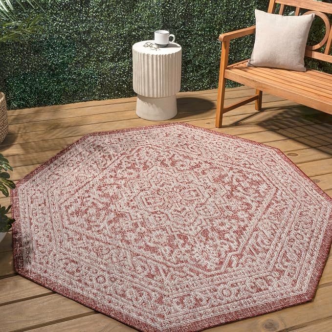 JONATHAN Y Medallion Weave Indoor Outdoor Octagon Area Rug 5 Ft Red/Taupe, Sinjuri Textured for Backyard, Patio, Porch, Easy-Cleaning, High Traffic, Pet-Friendly, Non-Shedding (SMB101A-5TGN)