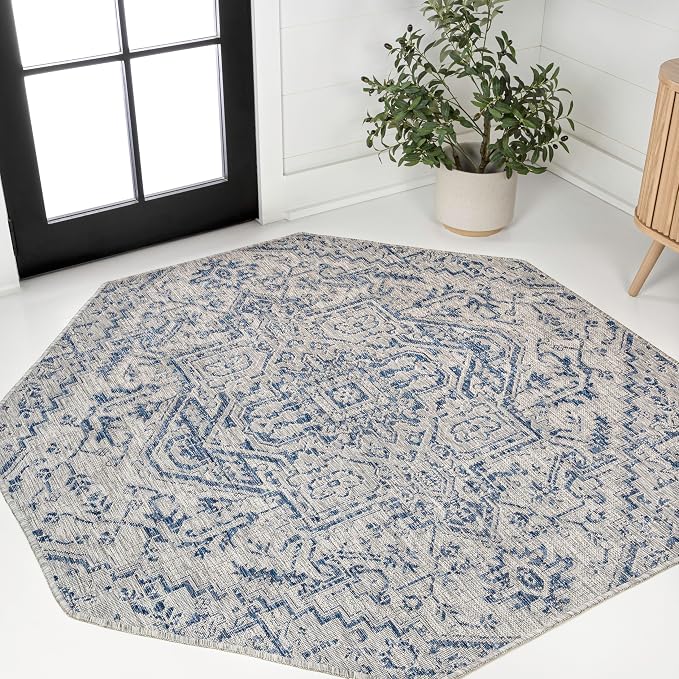 JONATHAN Y Boho Medallion Indoor Outdoor Octagon Area Rug 5 Ft Navy/Gray, Estrella Textured Weave for Backyard, Patio, Porch, Easy-Cleaning, High Traffic, Pet-Friendly, Non-Shedding (SMB105B-5TGN)