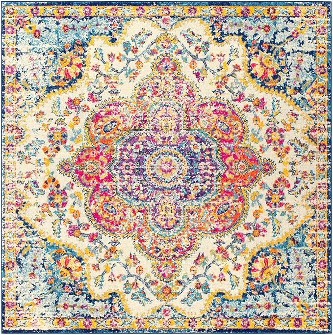 Livabliss Area Rugs - 7x7 Romaine Vintage Boho Fuchsia Mustard Blue Square Area Rug for Living Room Bedroom - Floral Medallion Stain Resistant Carpet for Kitchen, Nursery, Office (6'7" Square)