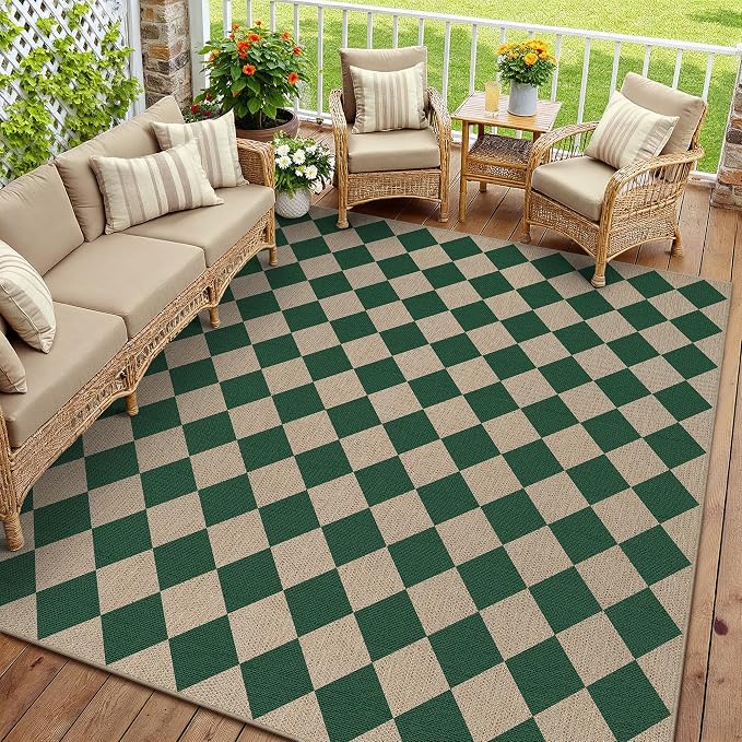 PureCozy 8x10 Checkered Easy Jute Area Rug for Living Room Large Checkerboard Washable Indoor Outdoor Carpet Farmhouse Patio Office Mat Geometric Non Slip Green Carpet for Backyard Dining Room
