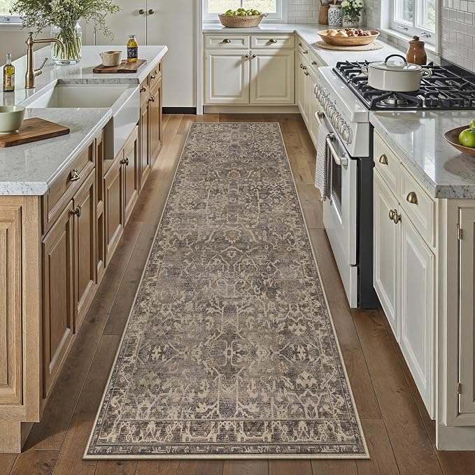 3x8 Brown Vintage Floral Washable Runner Rug for Hallway | Low Pile, Non Slip, Retro Style, Soft Distressed Indoor Rug for Entrance, Kitchen, Bedroom, Laundry Room, Home Decor