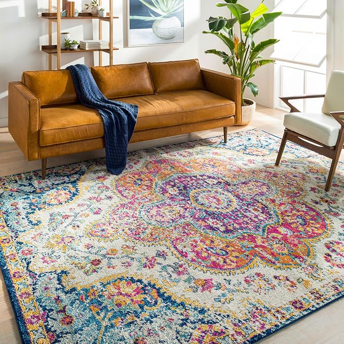 Livabliss Area Rugs - 4x6 Romaine Vintage Boho Fuchsia Mustard Blue Area Rug for Living Room Bedroom - Floral Medallion Stain Resistant Carpet for Kitchen, Nursery, Office (3'11" x 5'7")