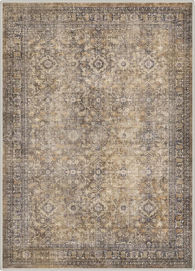 8X10 Living Room Area Rug, Boho Vintage Floral Washable Non Slip | Floral Vintage Rug for Bedroom Dining Room, Dusty Taupe Soft Low Pile Faux Wool, Stain Resistant Non-Shedding Pet-Friendly