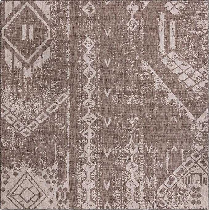 Unique Loom Outdoor Bohemian Collection Area Rug - Anthro (13' Square, Brown/ Ivory)