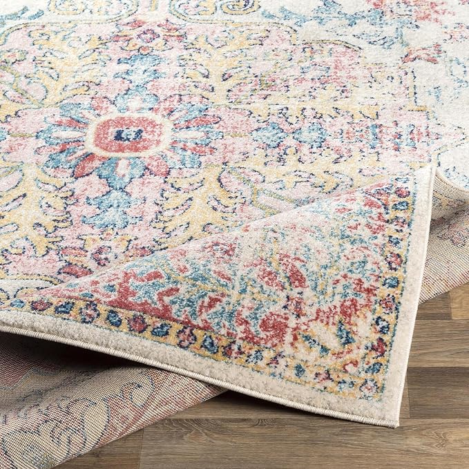 Livabliss Area Rugs - 5x7 Odelia Vintage Boho Red Off-White Blue Area Rug for Living Room Bedroom - Floral Medallion Stain Resistant Carpet for Kitchen, Nursery, Office (5'3" x 7'3")