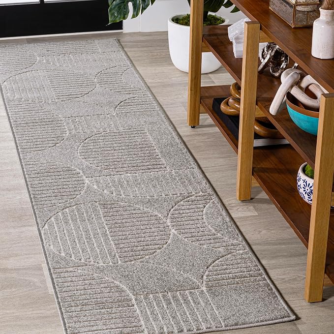 JONATHAN Y Nordby High-Low Arch Striped Gray/Cream Indoor/Outdoor Runner Rug, 2x8, Contemporary,Bohemian,Transitional for Bedroom,Kitchen,Living Room,Non Shedding (SCN104C-28)