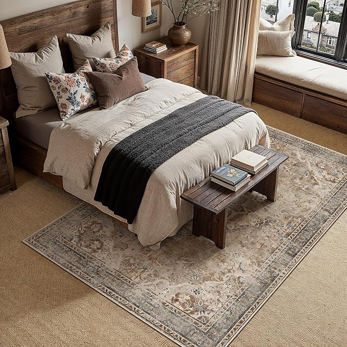 Brown Area Rug 9x12 Living Room Vintage Floral Non-Slip Carpet | Machine Washable, Soft, Low Pile, Distressed, Large for Bedroom, Dining Room, Office, Retro Farmhouse Decor