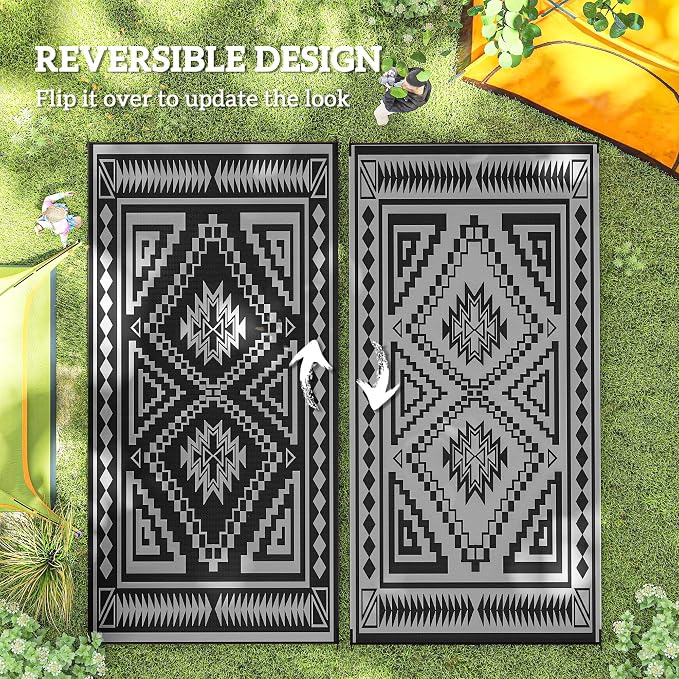 Outsunny Outdoor Rug for Patio, 9' x 18' Waterproof Large Mat, Reversible Plastic Straw Rug for Decor, Portable Outside RV Camping Area Carpet Mat for Backyard Porch Deck Picnic, Black & Gray Square