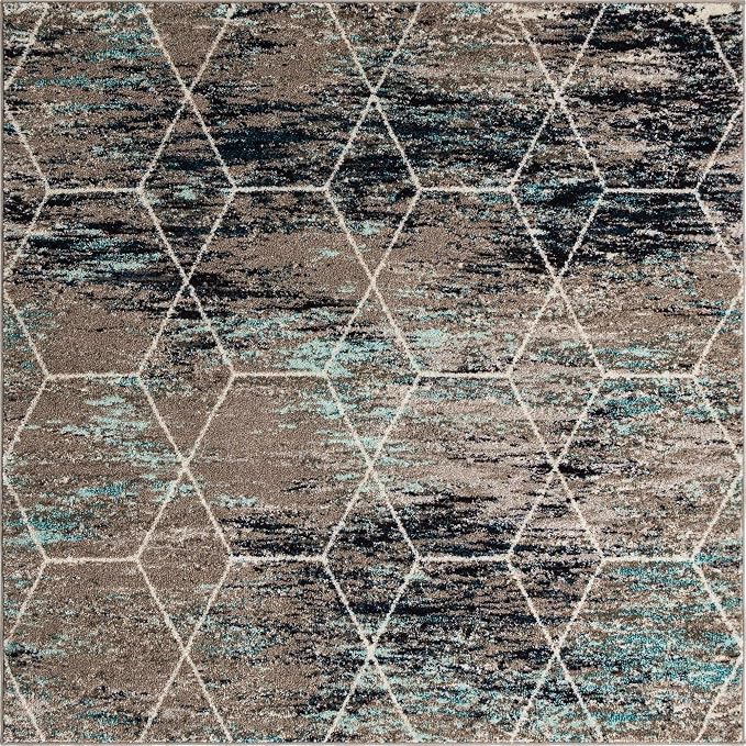 Unique Loom Trellis Frieze Collection Area Rug - Geometric (6' Square, Blue Multi/ Ivory)