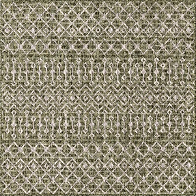 Unique Loom Outdoor Trellis Collection Area Rug - Tribal Trellis (5' 3" Square, Green/ Natural)
