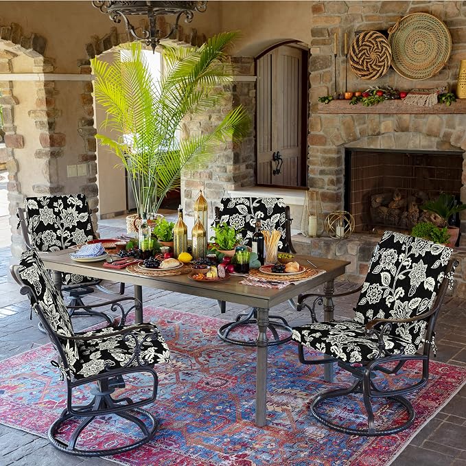 Arden 4-Pack Outdoor Patio Dining Chair Cushion, 20 x 44, Rain-Proof Seat Pad, Fade-Resistant Outdoor Cushion Ashland Black Jacobean