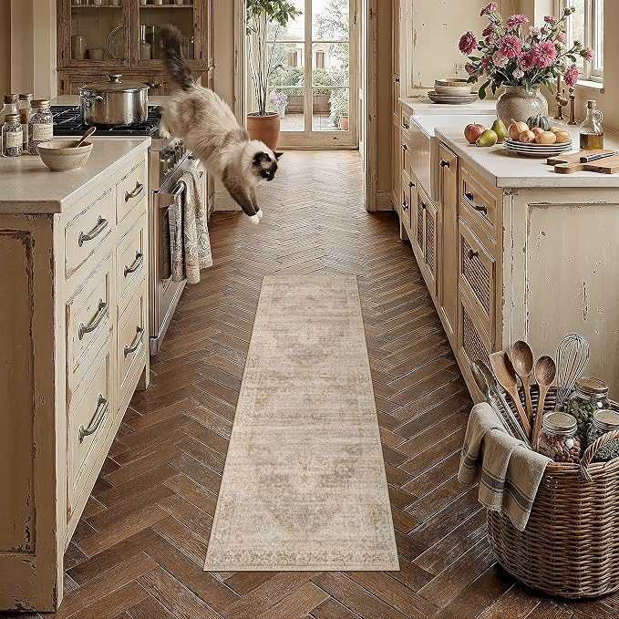 2x6 Beige Farmhouse Runner Rug | Washable, Non Slip, Soft Low Pile, Neutral Vintage, for Hallway Kitchen Laundry Bathroom Bedroom Living Room Home Decor