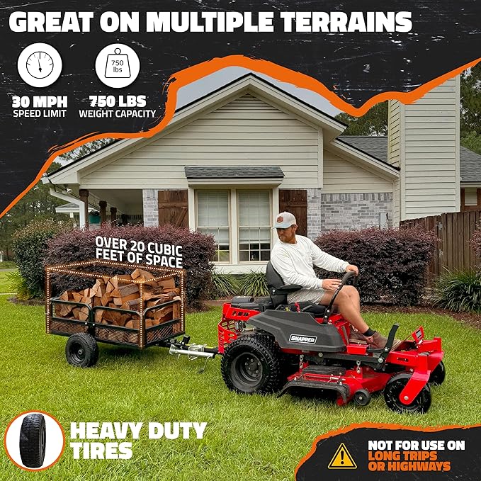 Mockins Heavy Duty 750 Lbs. Capacity UTV ATV Utility Trailer w/Cover & Net | Lawn Mower Trailer w/ Ramp, Jack Stand & 16" Wheels | Off-Road Steel Garden Dump Cart for Lawn Tractor , ATV Cart & More