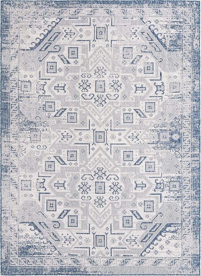 Unique Loom Outdoor Aztec Collection Area Rug - Coba (7' 10" x 11' Rectangle, Blue/ Ivory)