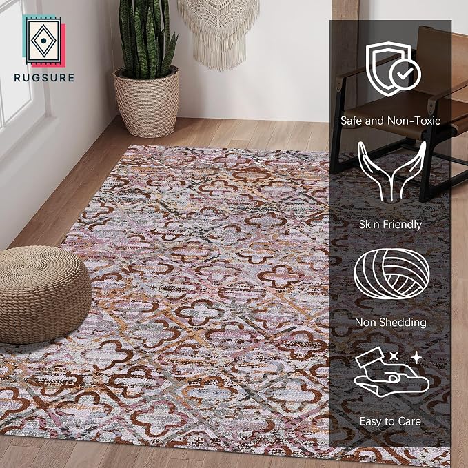 Washable Area Rugs, 6' x 9' - 1/6 Thick - Stain & Water Resistant Non-Slip - Perfect Resistant Rug for Living Room, Bedroom, Nursery, Pet & Child Friendly, Vibrant Colors Rugs, Purple